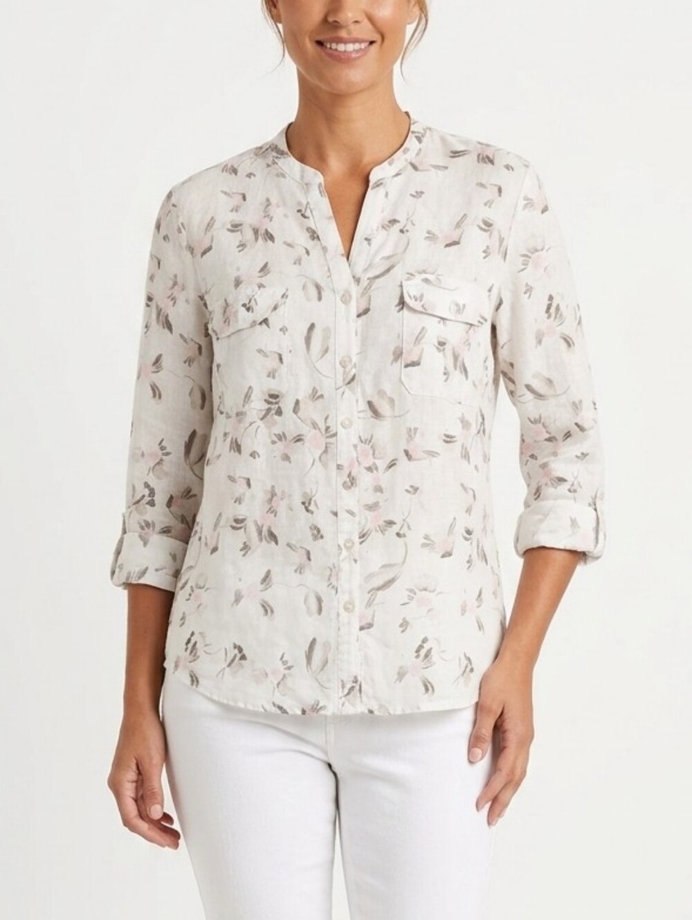 Tatuum JUSTYNA White & Pink Floral Lightweight Woven Linen Button Down Shirt 38